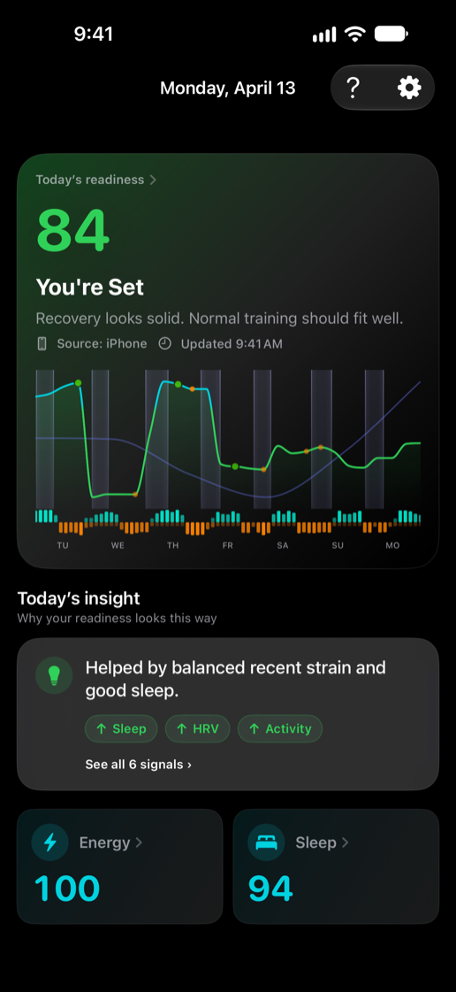 Lepo home screen scrolled to its Energy and Sleep row: readiness 84 in the hero, with energy 100 and sleep 94 side by side below today’s insight and the signals that moved the score.